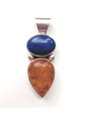 Sterling Lapis & Amber Teardrop Pendant - By Marvin Slim